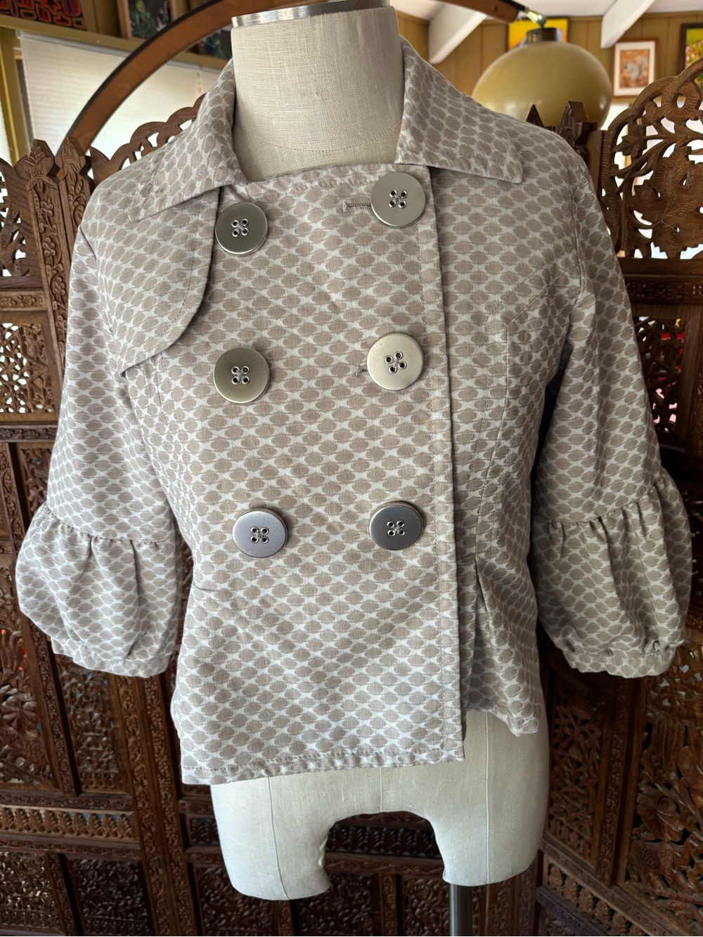 Elle Taupe Patterned Double-Breasted Pea Coat